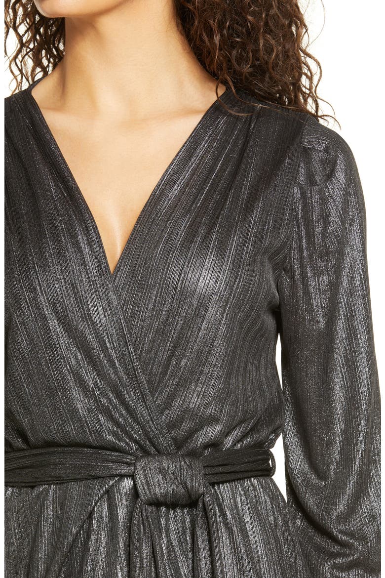 Metallic Long Sleeve Faux Wrap Dress, Alternate, color, BLACK