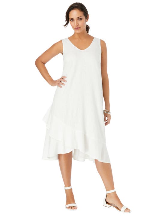 Jessica London Linen Flounce Dress In White