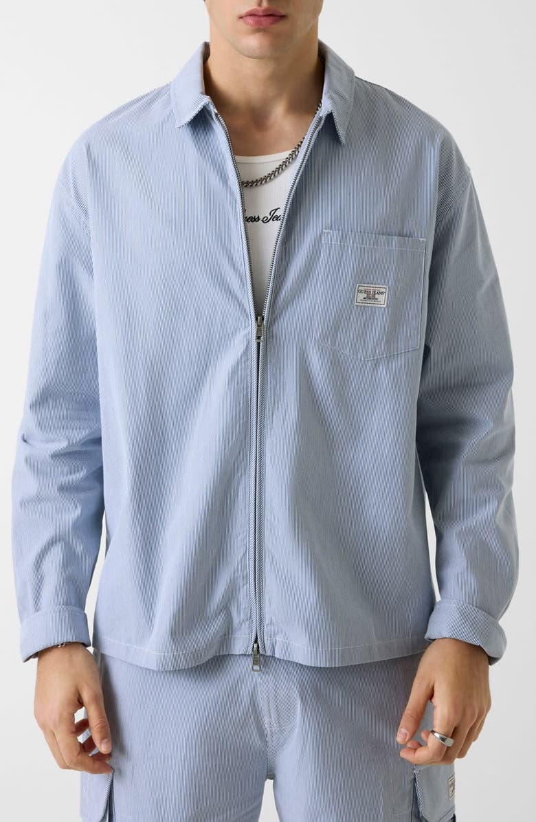 GUESS Zip Front Stripe Shirt, Main, color, Daring Ocean/ White