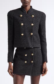 Balmain Crop Double Breasted Cotton Blend Tweed Jacket