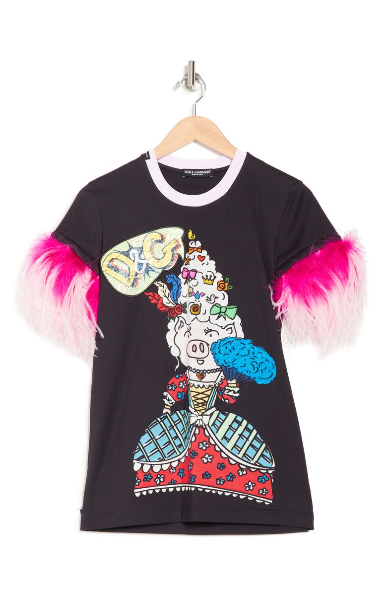 Dolce&Gabbana Graphic Print Feather Trim Crew Tee, Alternate, color, 