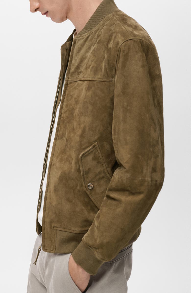 MANGO Goatskin Suede Bomber Jacket, Alternate, color, Khaki