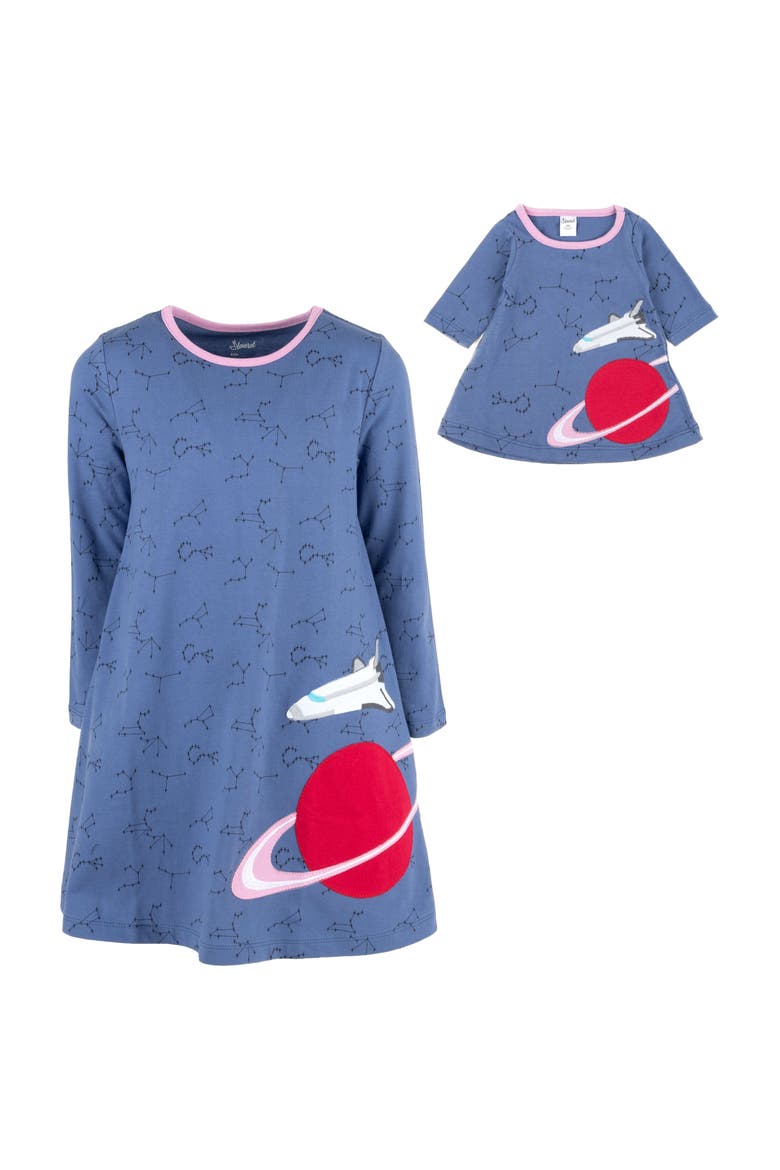 Girls Cotton Dress with Matching Doll Dress, Printed Design, Alternate, color, PLANET