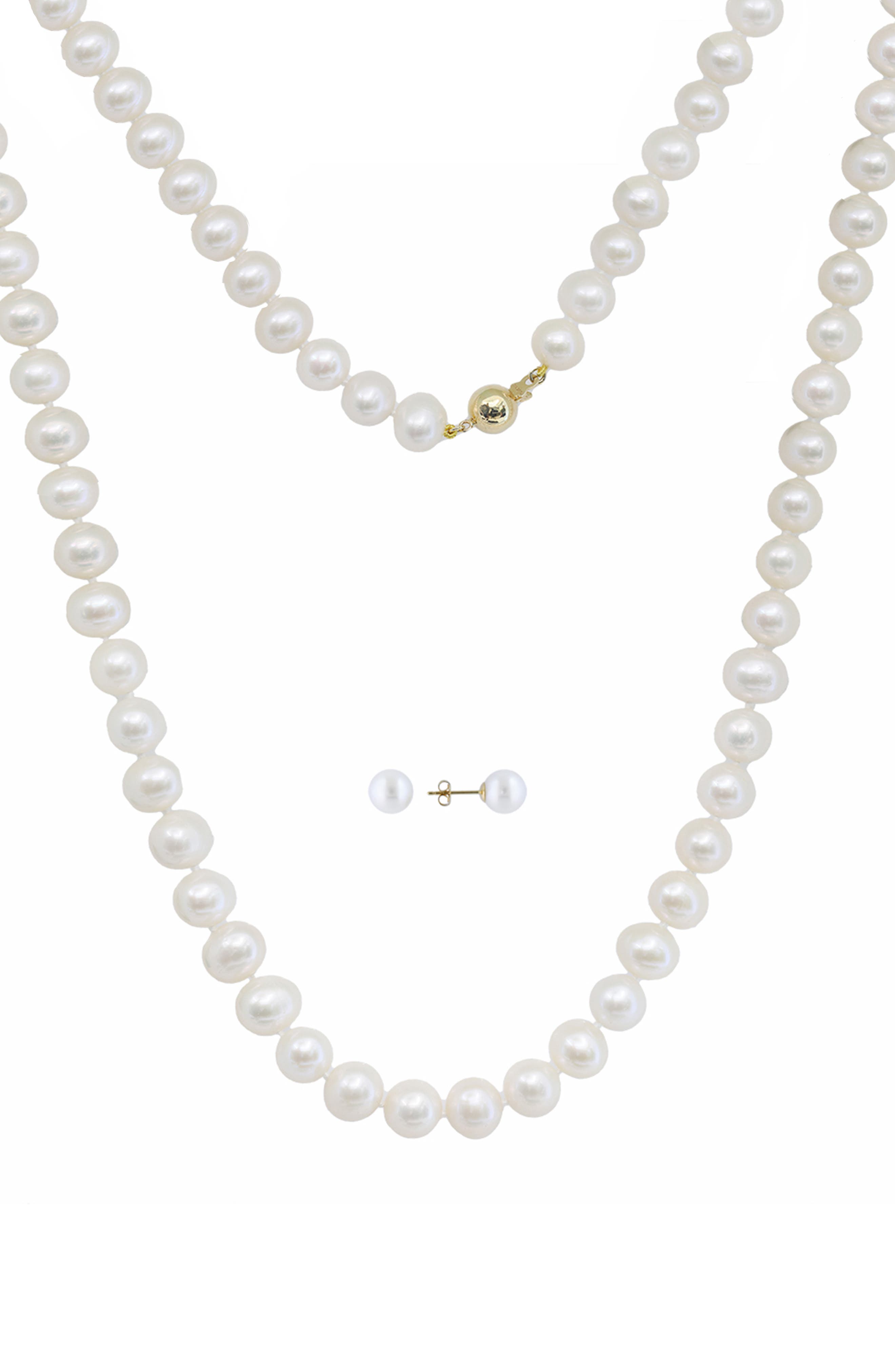 14k Gold Freshwater Cultured Pearl Necklace & Stud Earrings Set