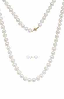 14k Gold Freshwater Cultured Pearl Necklace & Stud Earrings Set
