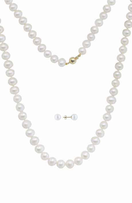 14k Gold Freshwater Cultured Pearl Necklace & Stud Earrings Set