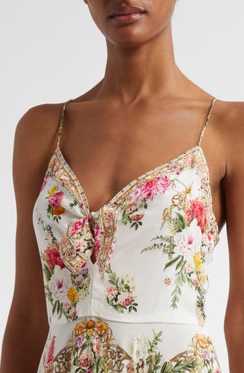 Egyptian Rose Print Tie Front Silk Maxi Dress