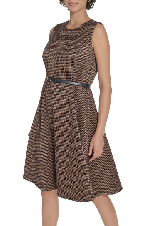 Tommy Hilfiger Houndstooth Sleeveless Belted Fit & Flare Dress In Brown