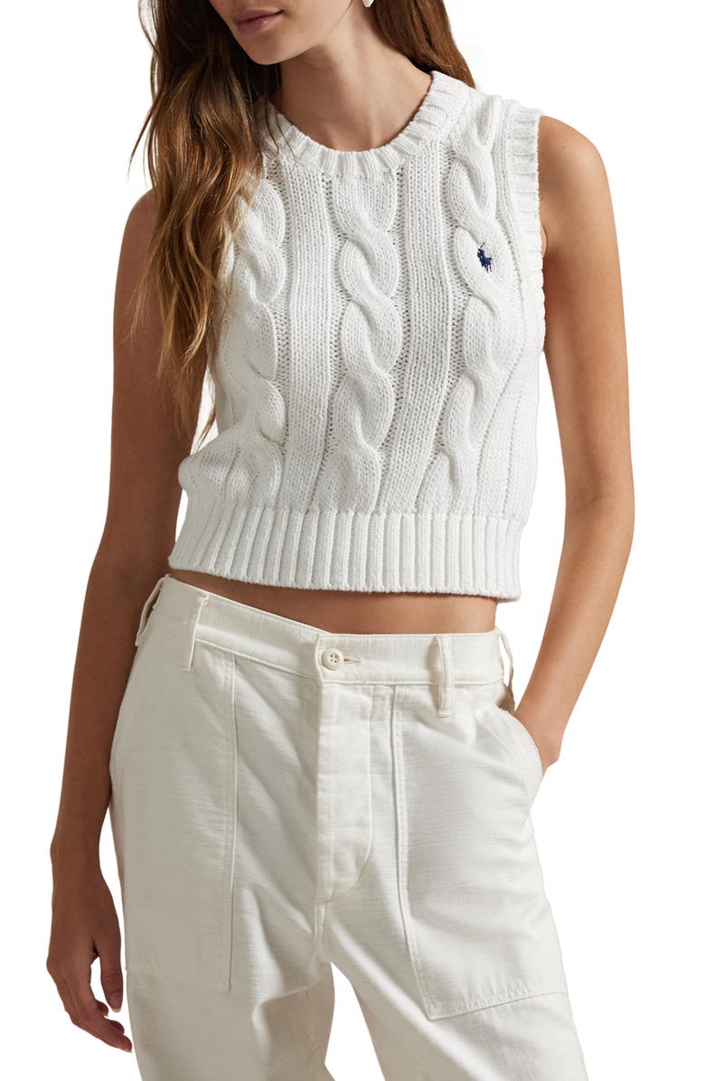 Polo Ralph Lauren Cable Knit Crop Cotton Sweater Vest, Main, color, 