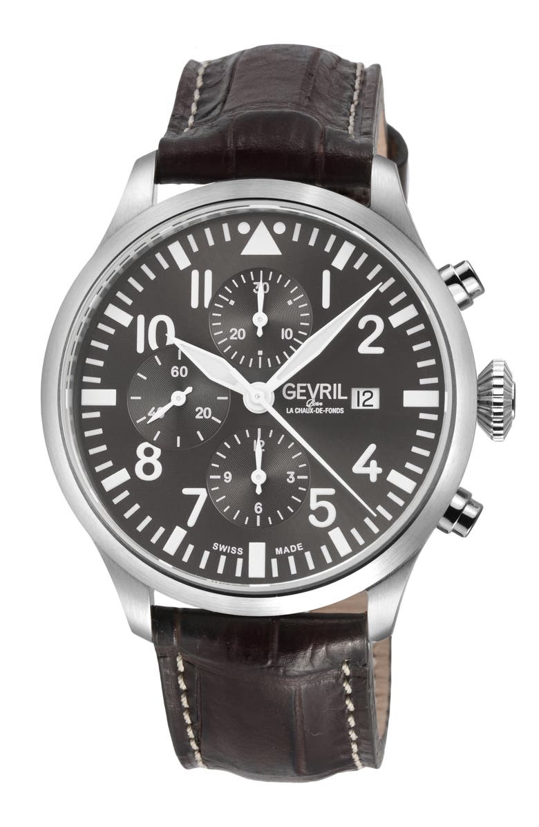 GEVRIL Vaughn Automatic Leather Strap Watch, 44mm, Main, color, 