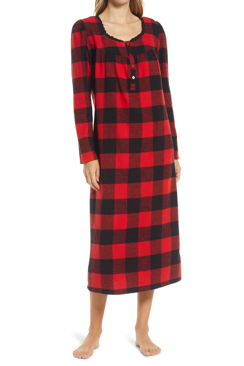 Flannel Family Nightgown, Main, color, RED BLOOM BUFFALO PLAID