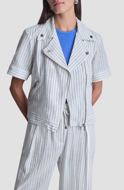 Ticking Stripe Short Sleeve Linen Blend Moto Jacket