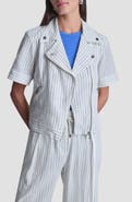 DKNY Ticking Stripe Short Sleeve Linen Blend Moto Jacket