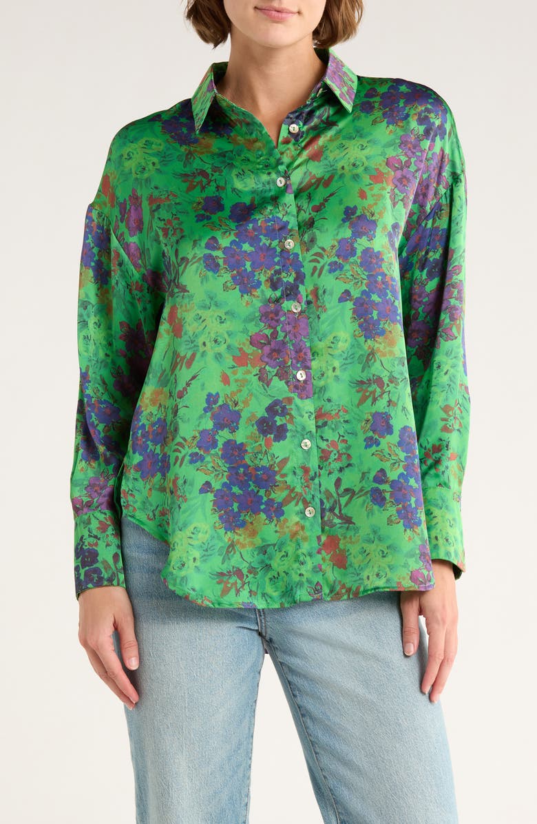INDUSTRY REPUBLIC CLOTHING Print Satin Button-Up Shirt, Main, color, Green/ Violet Floral