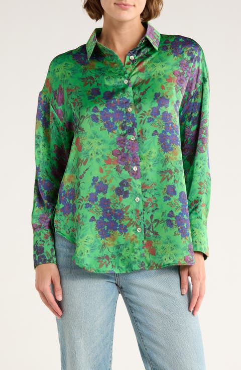 Print Satin Button-Up Shirt