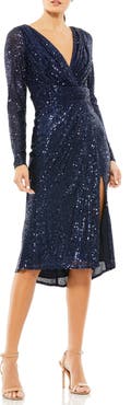 Mac Duggal Sequined Long Sleeve Midi Dress