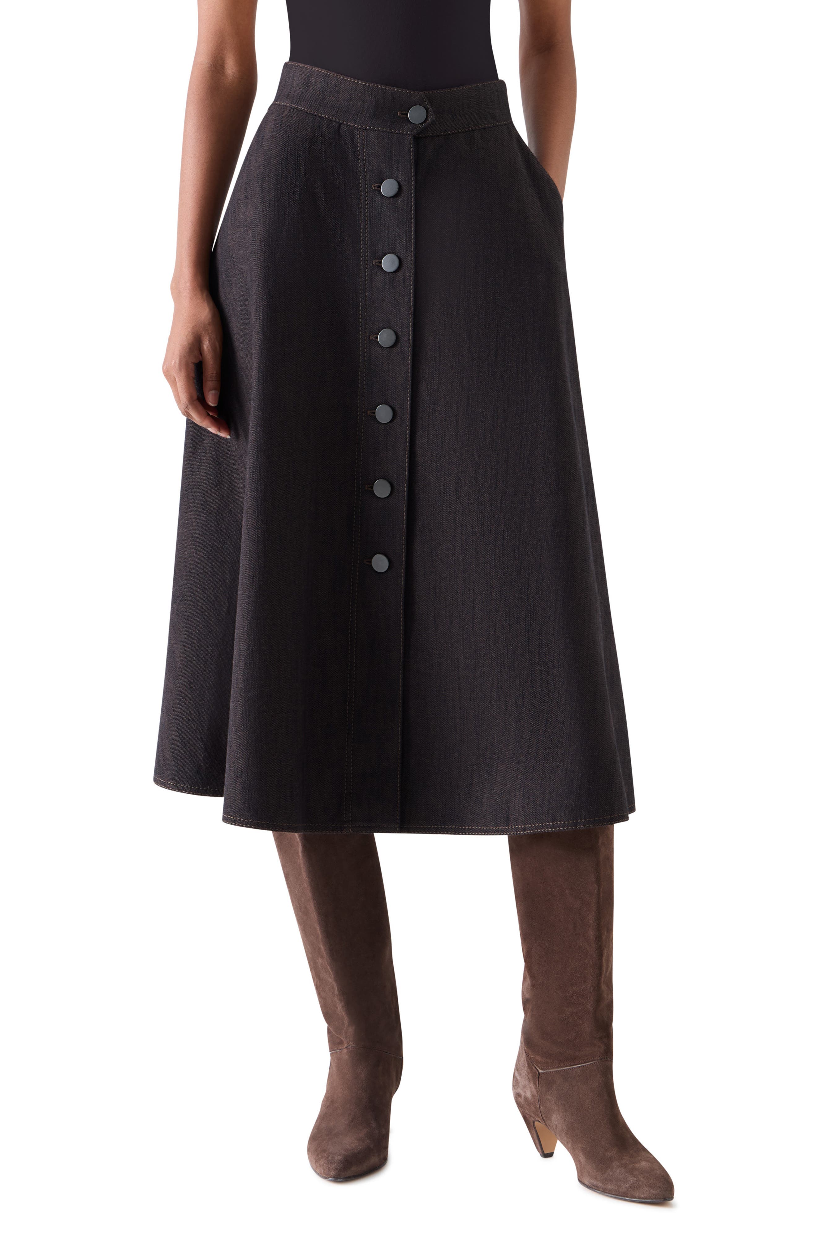 Akris Punto Flared Denim Midi Skirt In Espresso