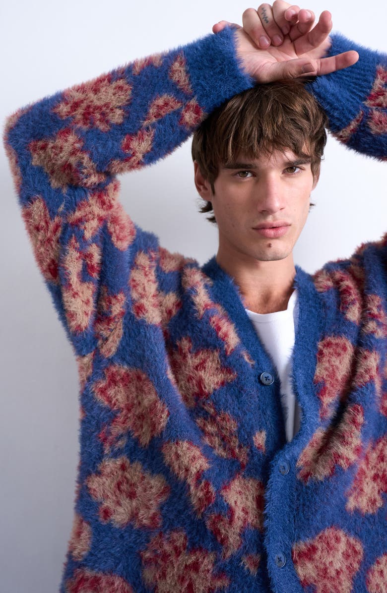 Topman Relaxed Fit Floral Jacquard Cardigan, Alternate, color, Purple