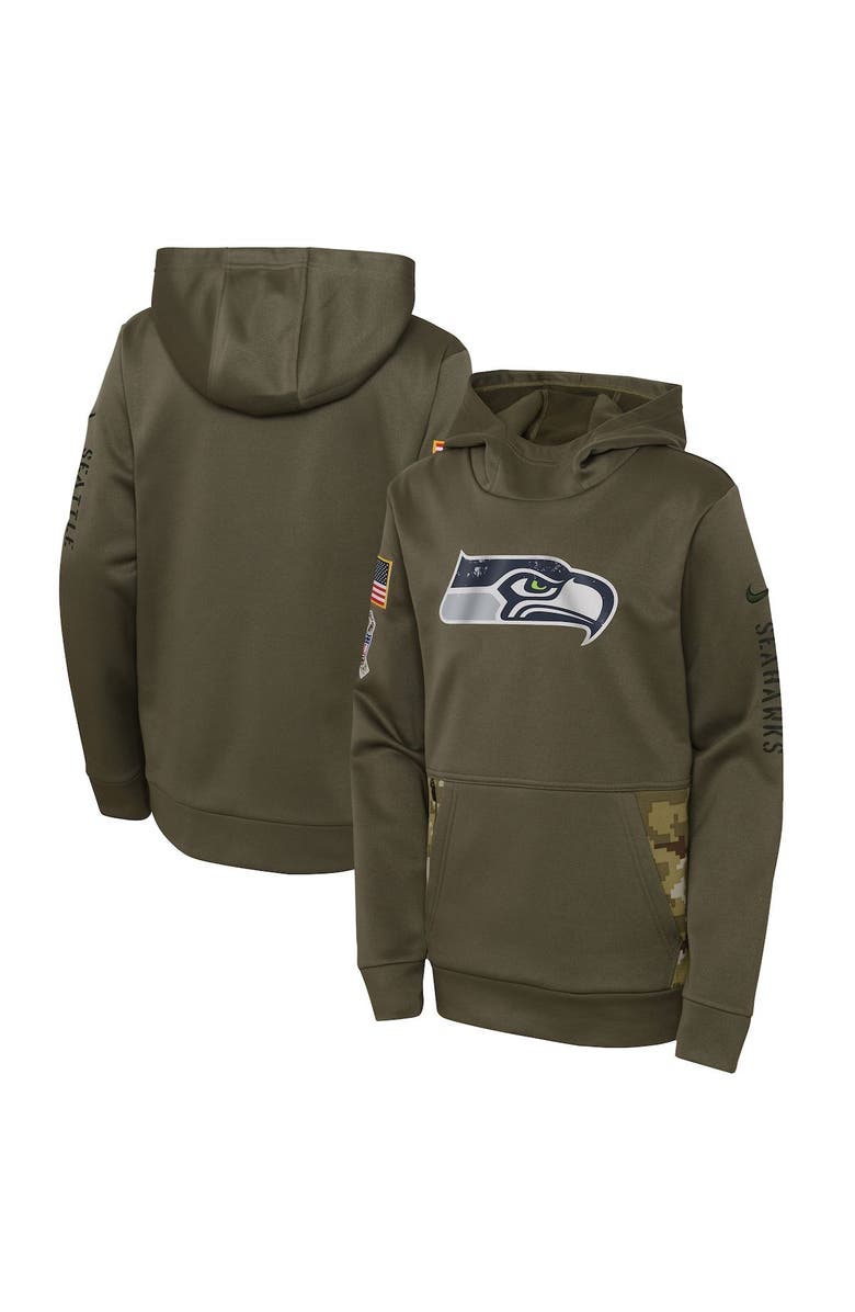 Nike Youth Nike Olive Seattle Seahawks 2022 Salute To Service Performance Pullover Hoodie, Main, color, 