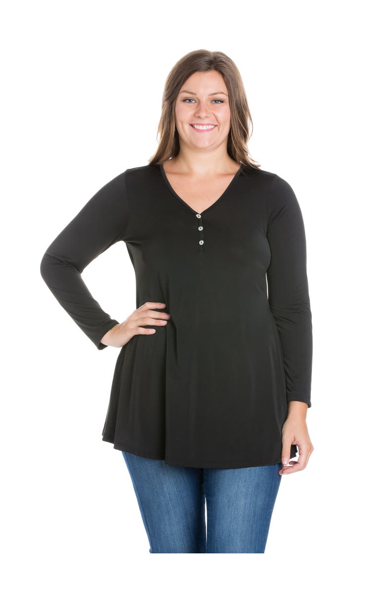 24seven Comfort Apparel Plus Size Flared Long Sleeve  Henley Tunic Top, Main, color, Black