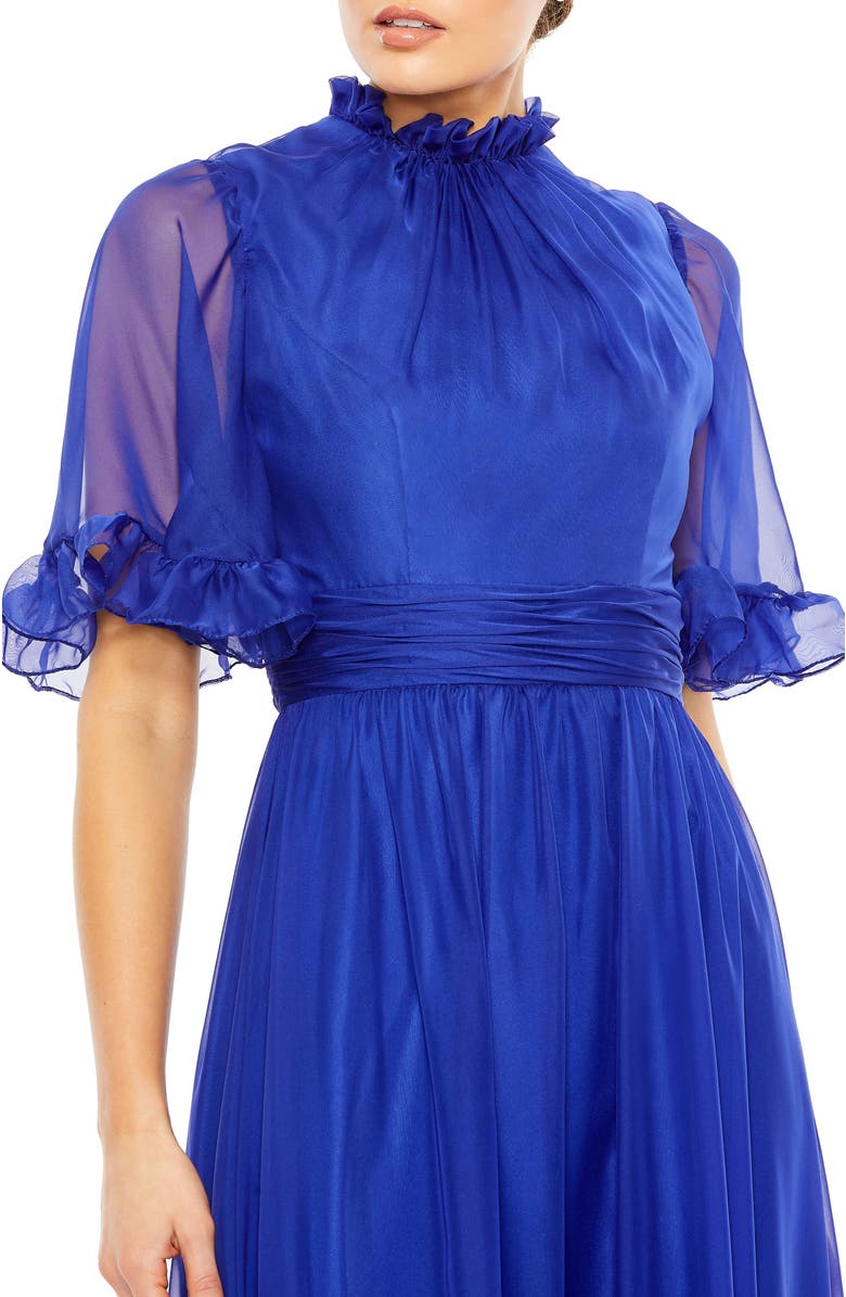 Mac Duggal Ruffled High Neck Flutter Sleeve High Low Hem Gown, Alternate, color, Sapphire