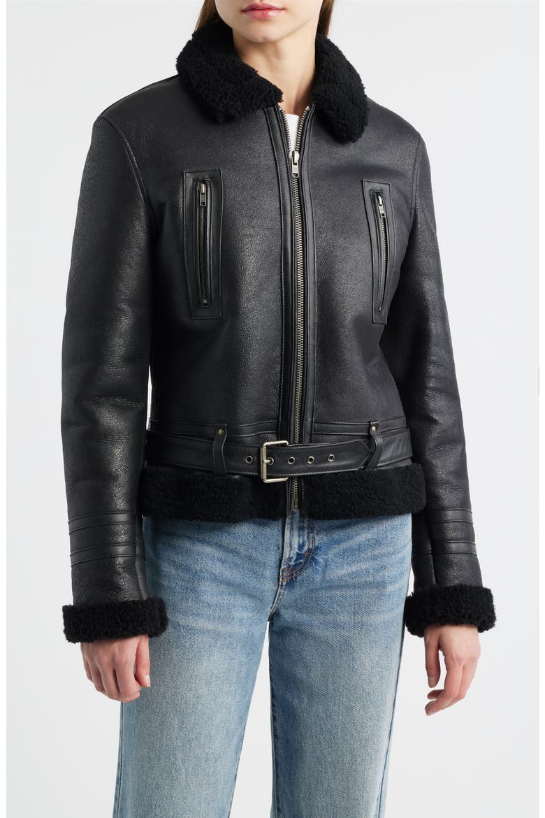 Leather Jacket with Genuine Shearling Trim, Main, color, BLACK
