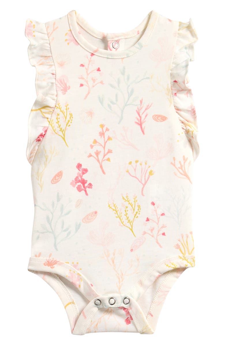 Pehr Mermaid Melody Flutter Sleeve Organic Cotton Bodysuit, Main, color, Sea Bloom