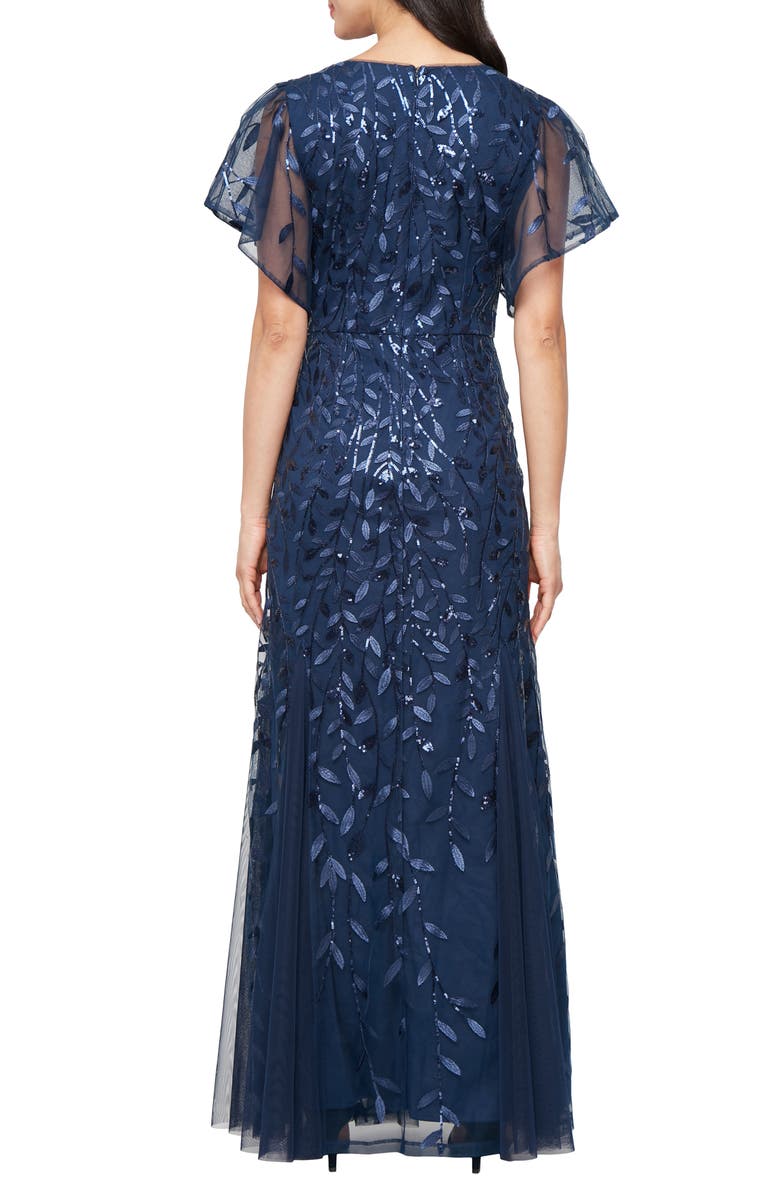 Alex Evenings Embroidered Flutter Sleeve Tulle Mermaid Gown, Alternate, color, Navy