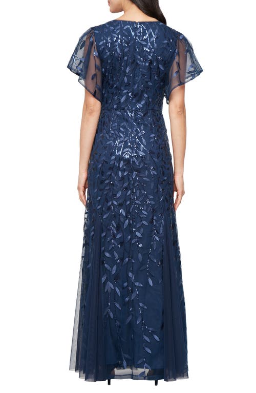 Alex Evenings Embroidered Flutter Sleeve Tulle Mermaid Gown In Blue