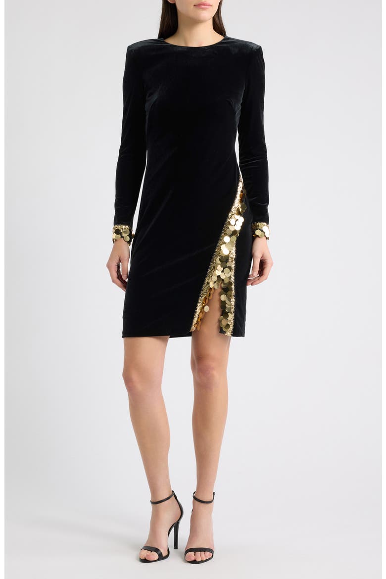 Sequin Long Sleeve Velvet Minidress, Main, color, BLACK