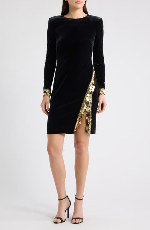 Velvet Long Sleeve Paillette Cocktail Dress