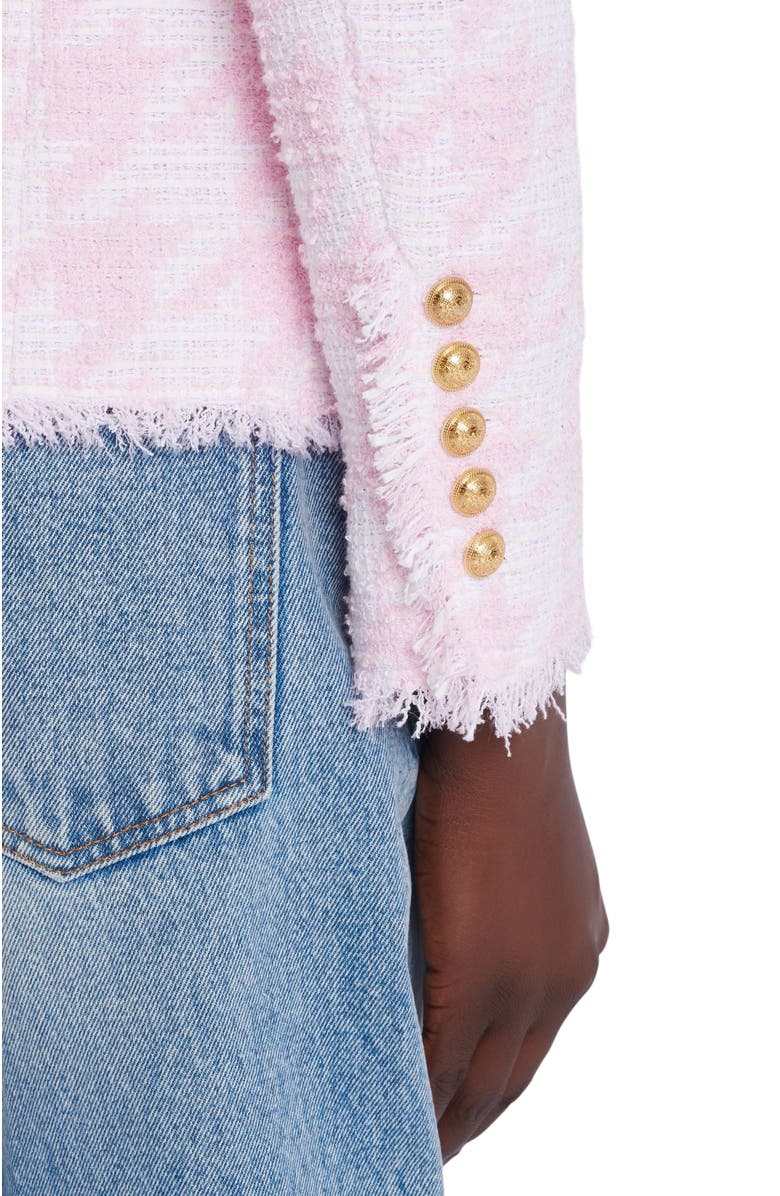 Balmain 6-Button Houndstooth Tweed Fitted Jacket, Alternate, color, Pink