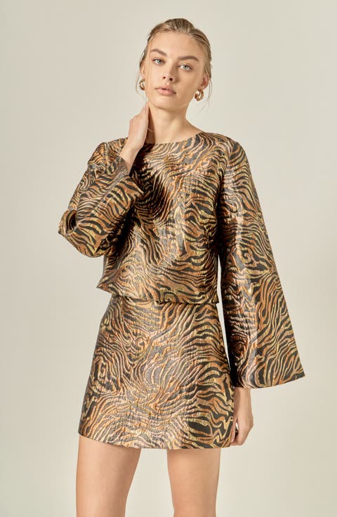 Zebra Print Metallic Flared Sleeve Top