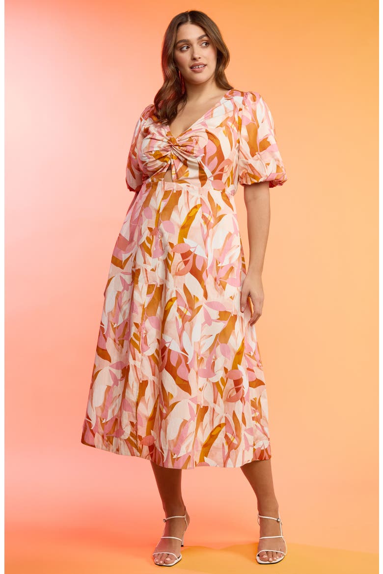Aura Cascade Puff Sleeve Cotton Midi Dress, Alternate, color, PRINT