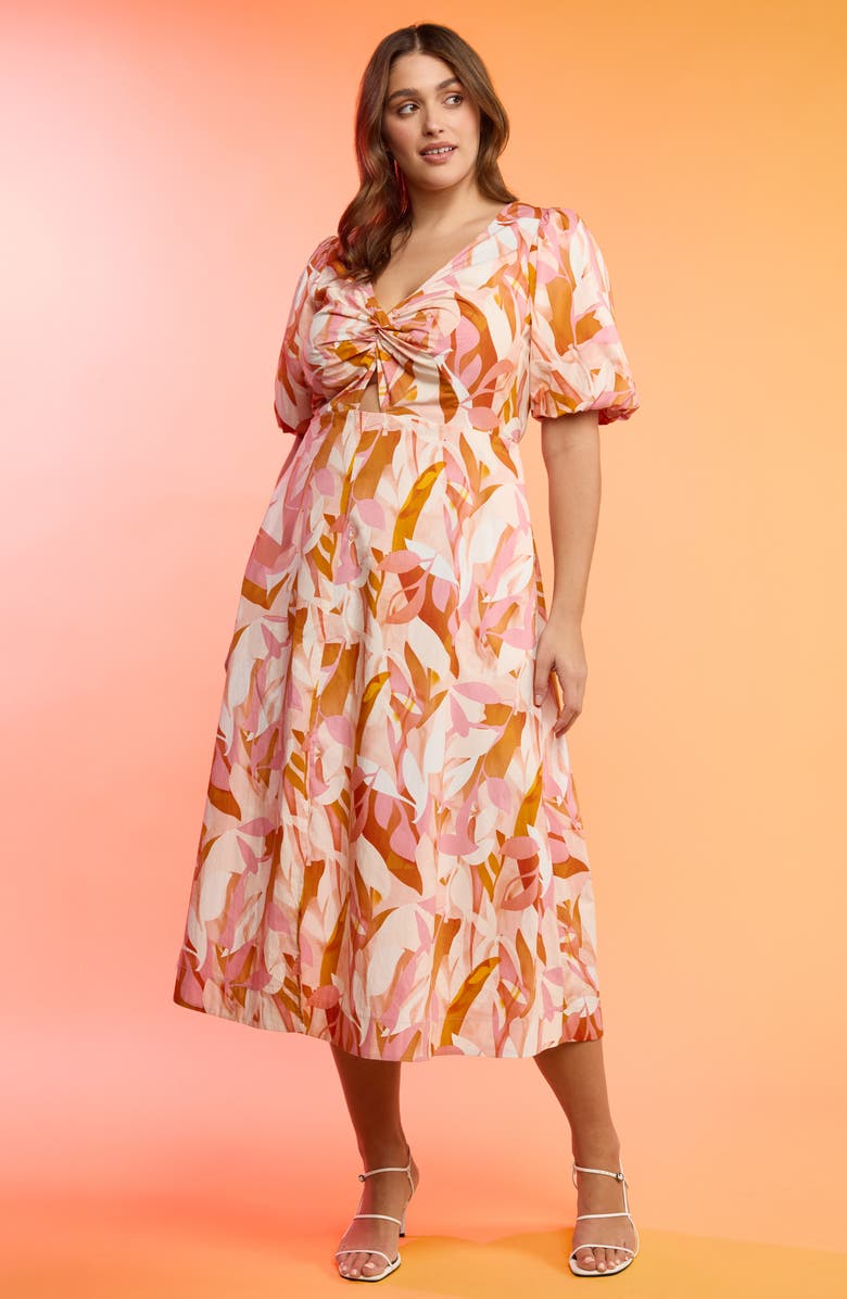 Estelle Aura Cascade Puff Sleeve Cotton Midi Dress, Alternate, color, Print