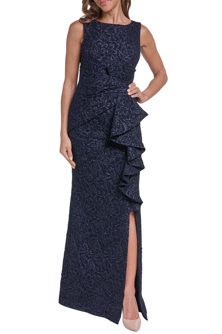Metallic Floral Jacquard Cascade Ruffle Gown, Main, color, NAVY