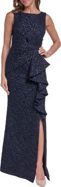 Eliza J Metallic Floral Jacquard Cascade Ruffle Gown