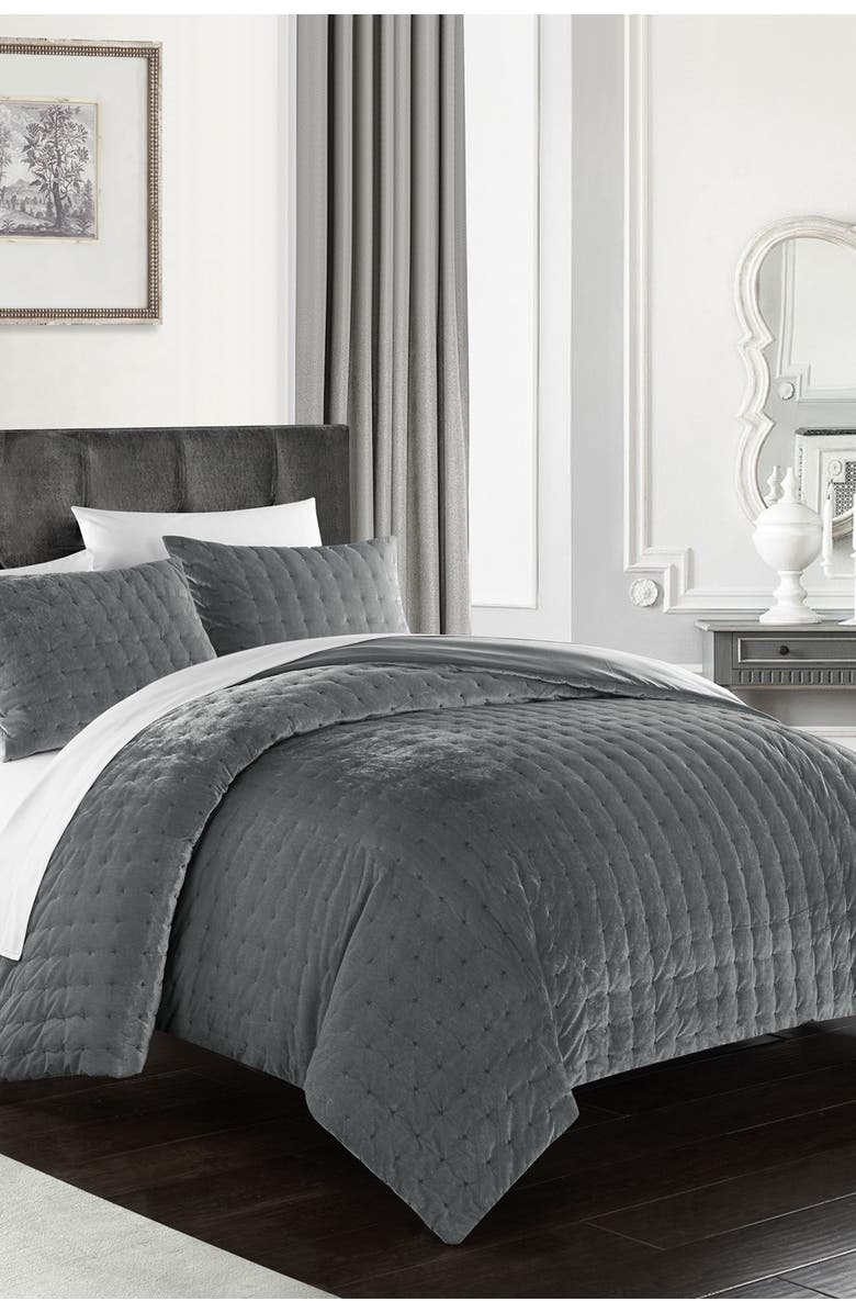 CHIC Chaya Rich Quilted Hand-Stitched Velvet King Comforter Set - Grey, Alternate, color,