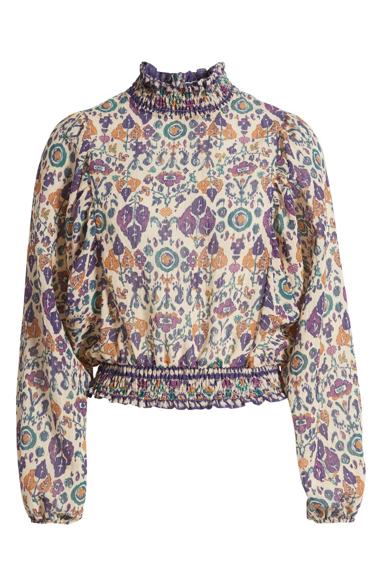 SESSÙN Duchess Ikat Print Smocked Waist Blouson Top, Alternate, color, Duchess/ Saltypath