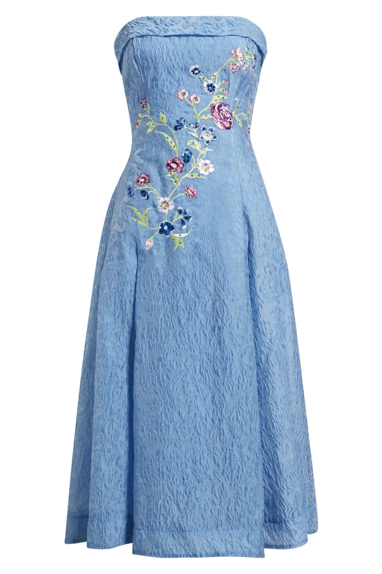 Rhinestone Floral Embroidery Strapless Floral Jacquard Cocktail Dress, Alternate, color, RIVERSIDE BLUE