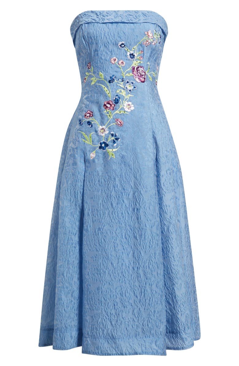 Tahari ASL Rhinestone Floral Embroidery Strapless Floral Jacquard Cocktail Dress, Alternate, color, Riverside Blue