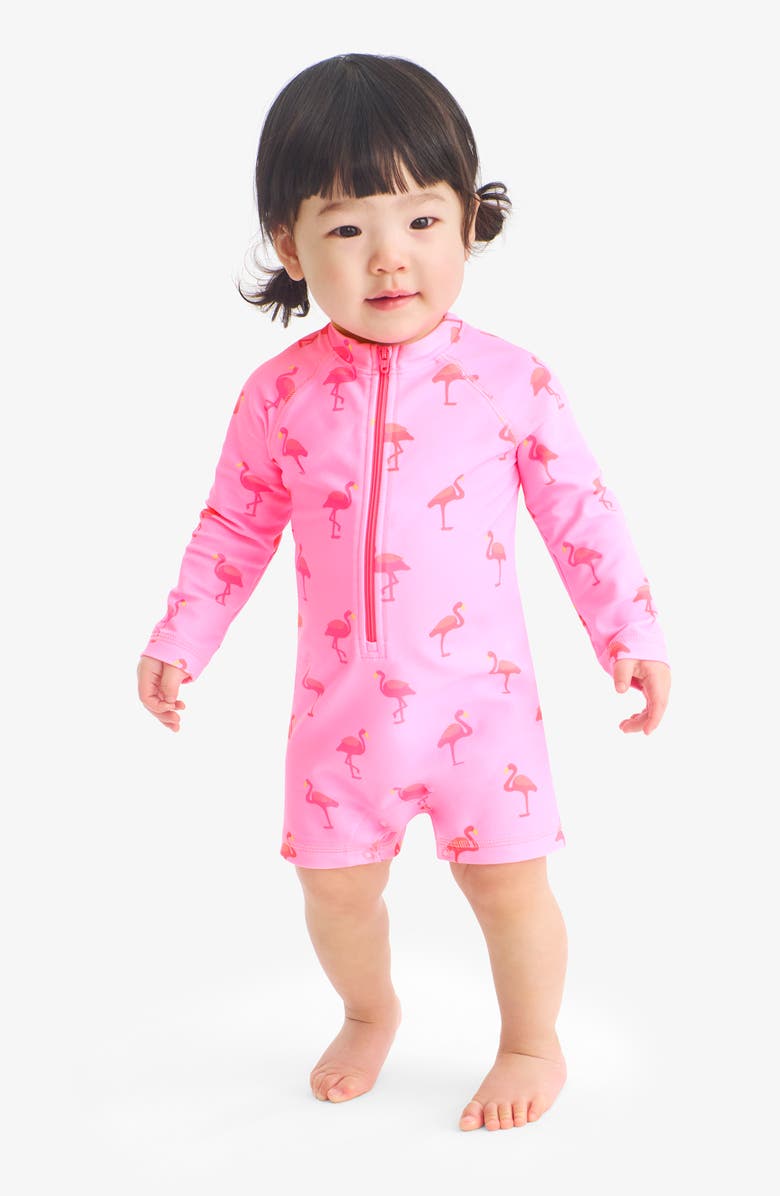 Primary Long Sleeve One-Piece Rashguard Swimsuit, Alternate, color, Pink Lemonade Flamingos