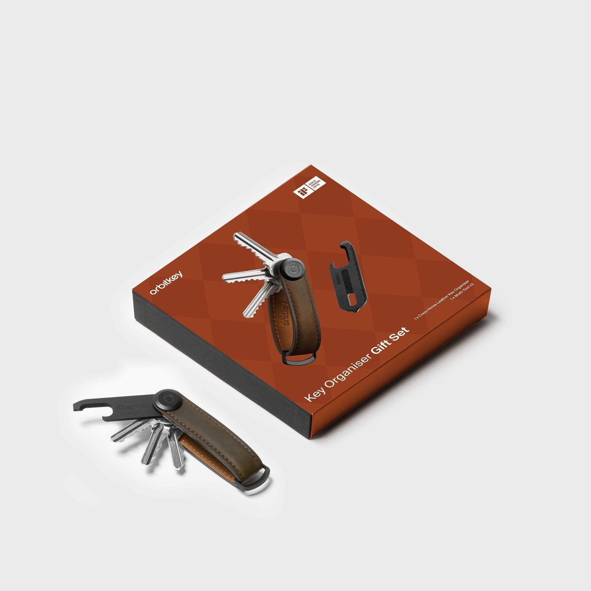 Orbitkey CrazyHorse Key Organiser + Multitool v2 Set, Alternate, color, Oak Brown