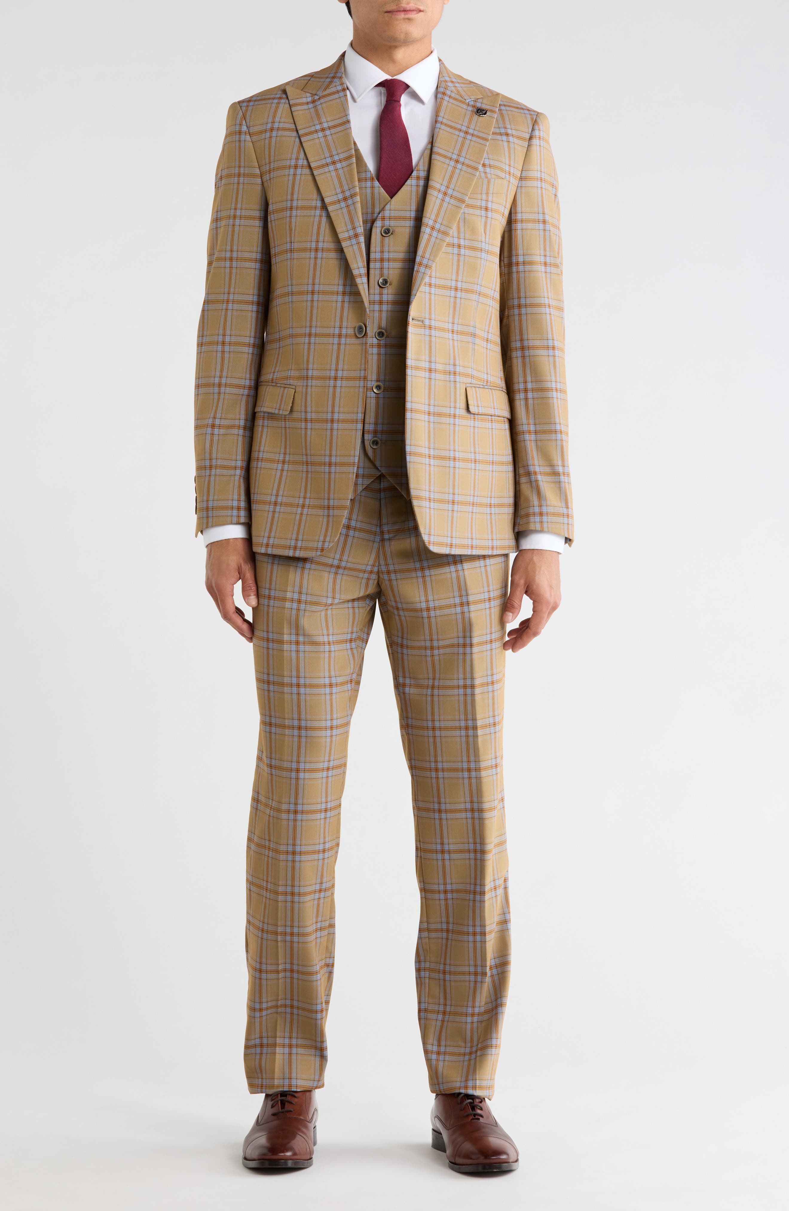 Stacy Adams Windowpane Plaid 3-piece Suit In Tan / Blue