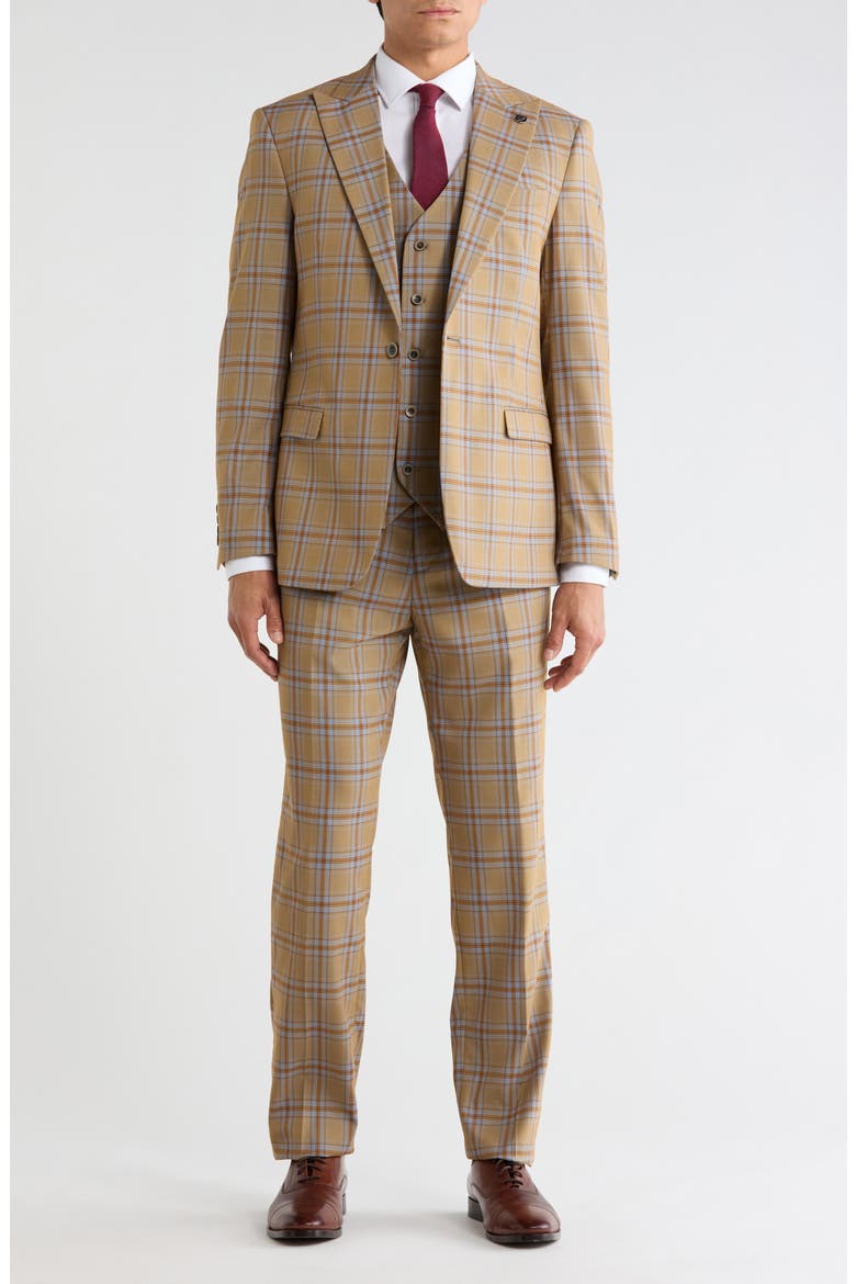 Windowpane Plaid 3-Piece Suit, Main, color, TAN / BLUE