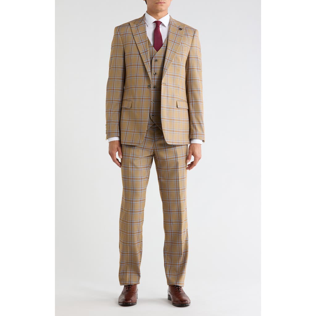 Stacy Adams Windowpane Plaid 3-piece Suit In Tan / Blue