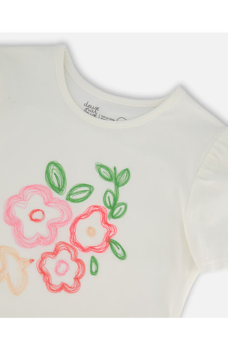 Deux par Deux Girl's Organic Cotton Tee With Puff Sleeve Pink Flower On White Background, Alternate, color,