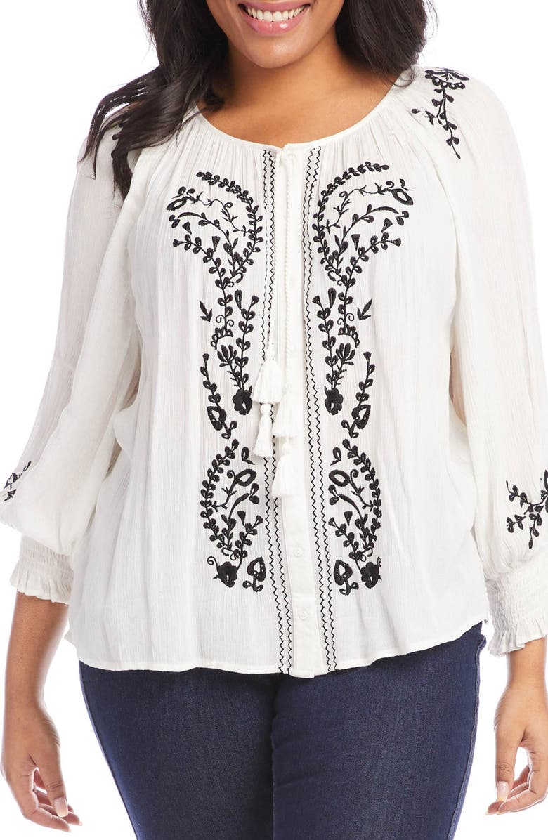 Karen Kane Embroidered Tie Neck Button-Up Peasant Top, Main, color, White
