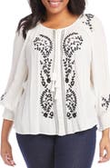 Karen Kane Embroidered Tie Neck Button-Up Peasant Top