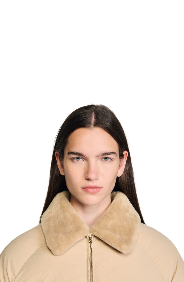 SANDRO Puffer jacket with faux shearling collar, Alternate, color, Beige